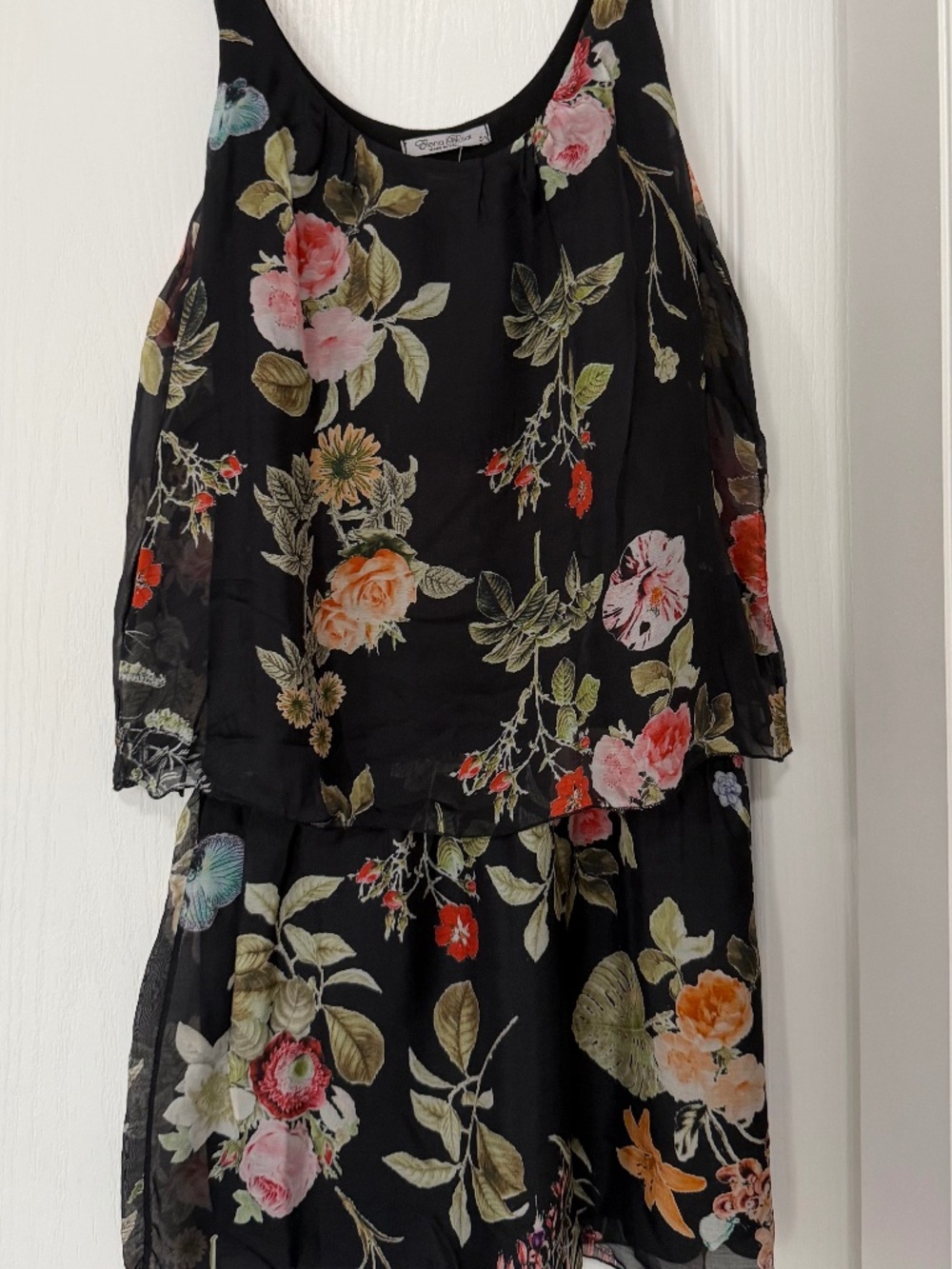 Elena Baldi Silk Blend Floral Popover Mini Dress Black Pink Small Made in Italy